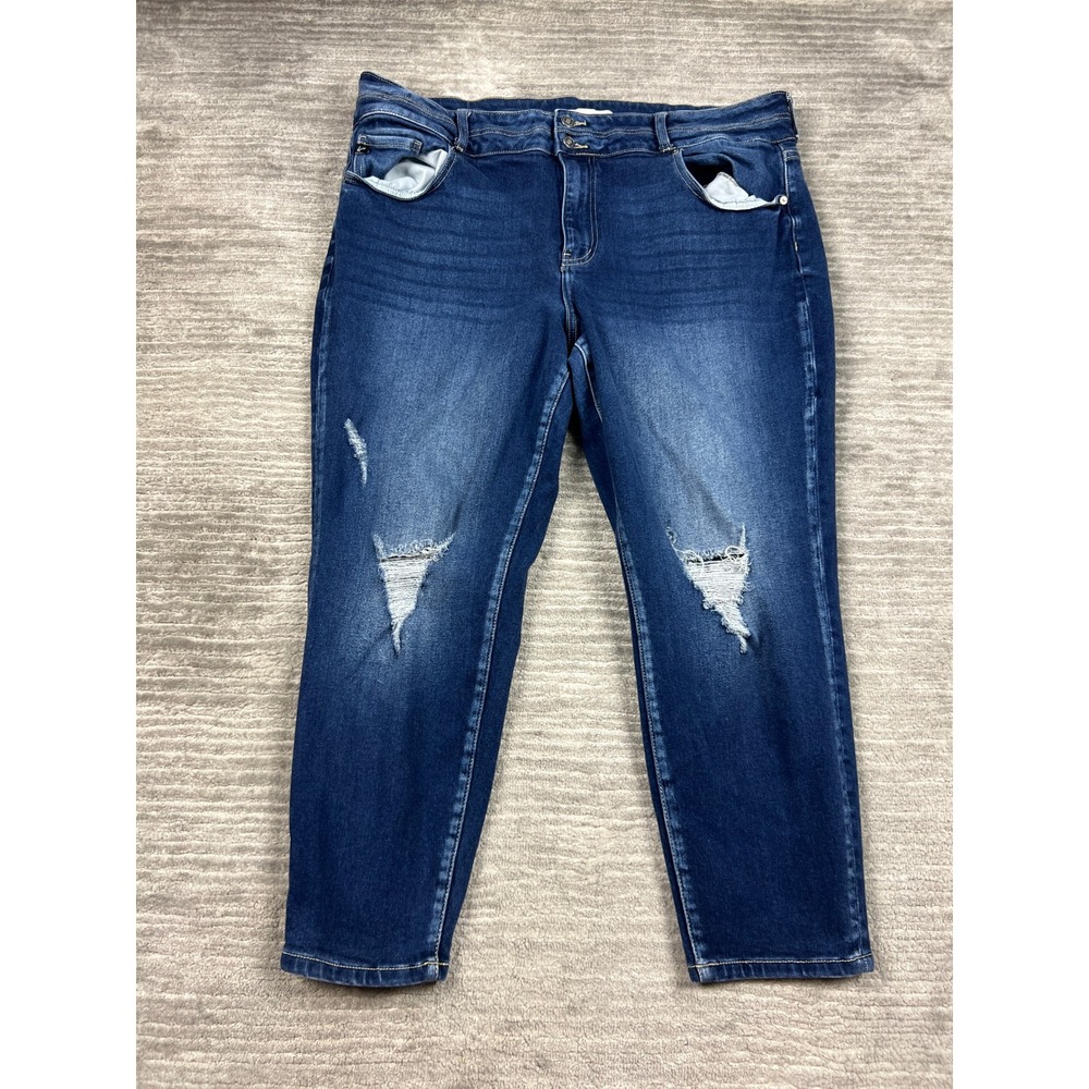 KanCan Jeans Women 22 Blue Distressed Cropped Double Button Dark Wash 178435